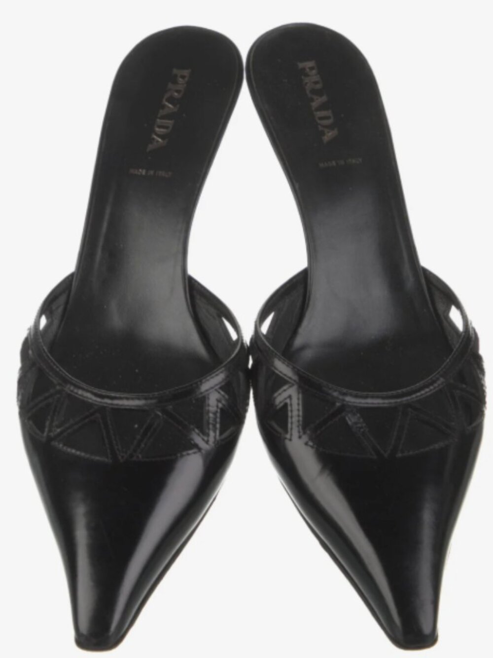 Prada Leather Cutout Mules Womens Size 11 Black Y2K Pointed Kitten Heel Luxury